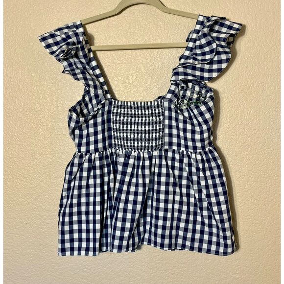 Zara Woman Navy Gingham Embroidered Parrot Babydoll Tank Large - Picture 2 of 9